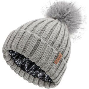 Women's Grey Winter Beanie Hat Satin Lined Faux Fur Pom Pom Beanies Hat